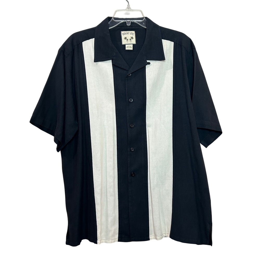 Vintage Button Down Mens Large Black White Silk Retro Bowling Shirt Rockabilly